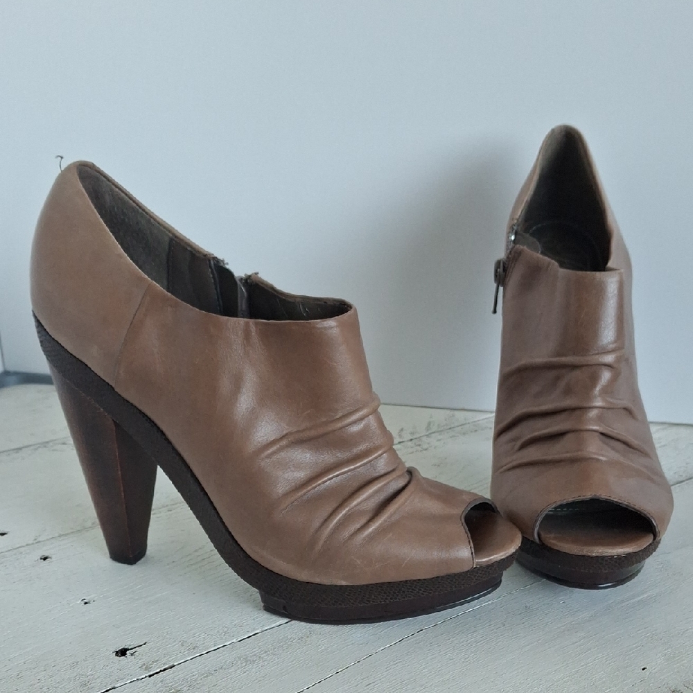 Fergie Tan Peep-Toe Heels
